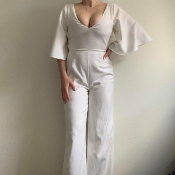 White Cross Open Back Jumpsuit with Bell Sleeves - Picture 3 of 4